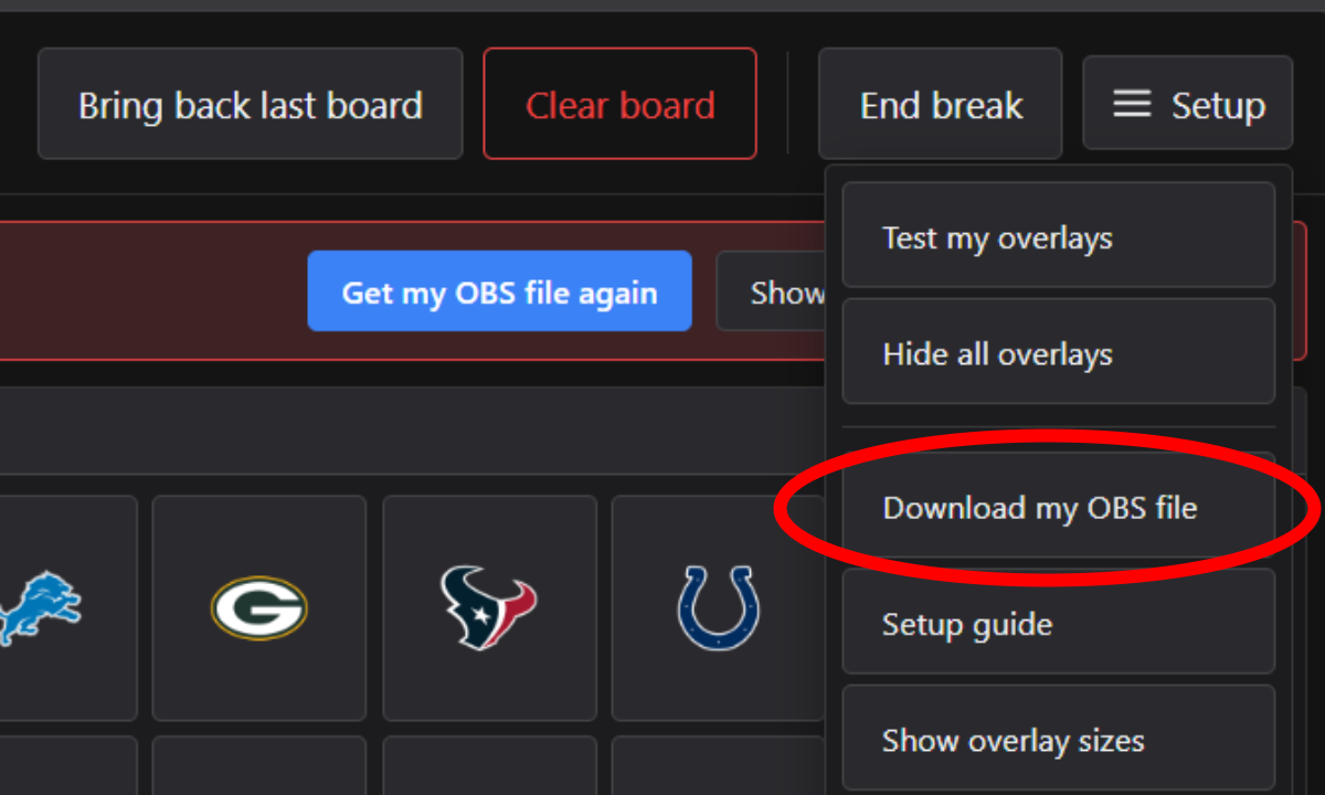 The Download my OBS file button on the United Breakers dashboard