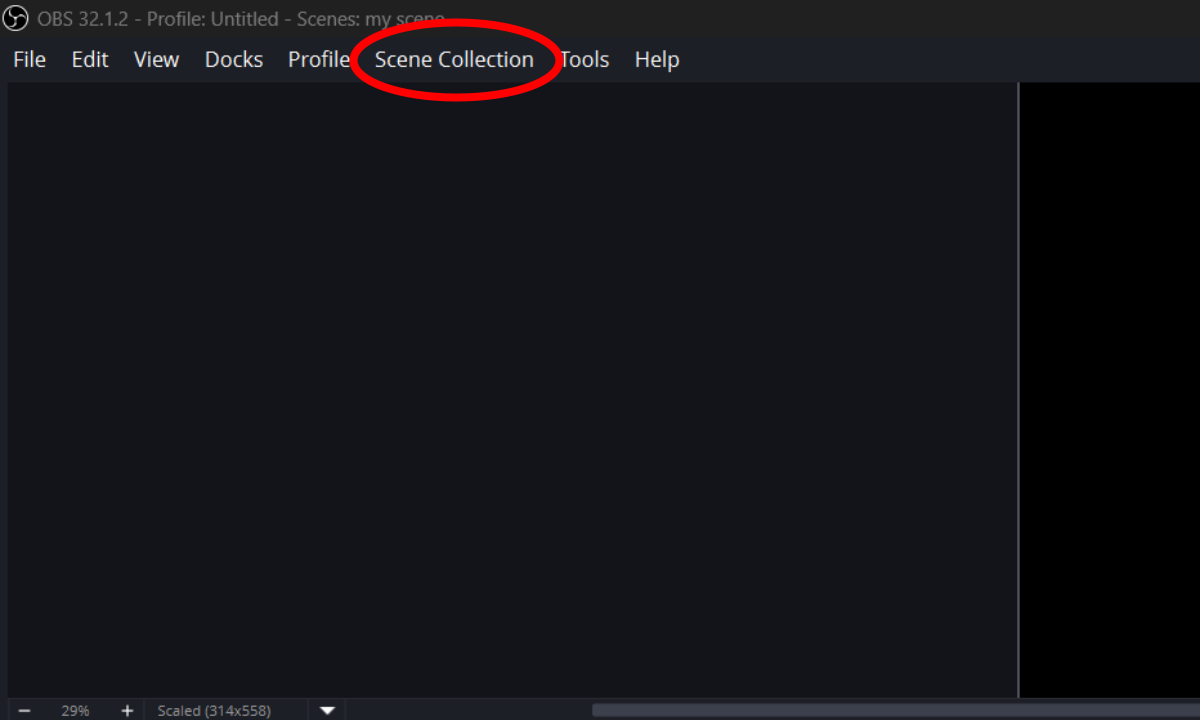 The OBS menu bar with Scene Collection highlighted