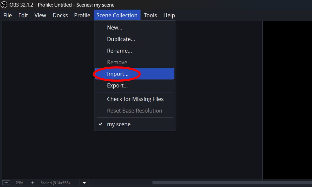 The Scene Collection menu open with the Import option highlighted