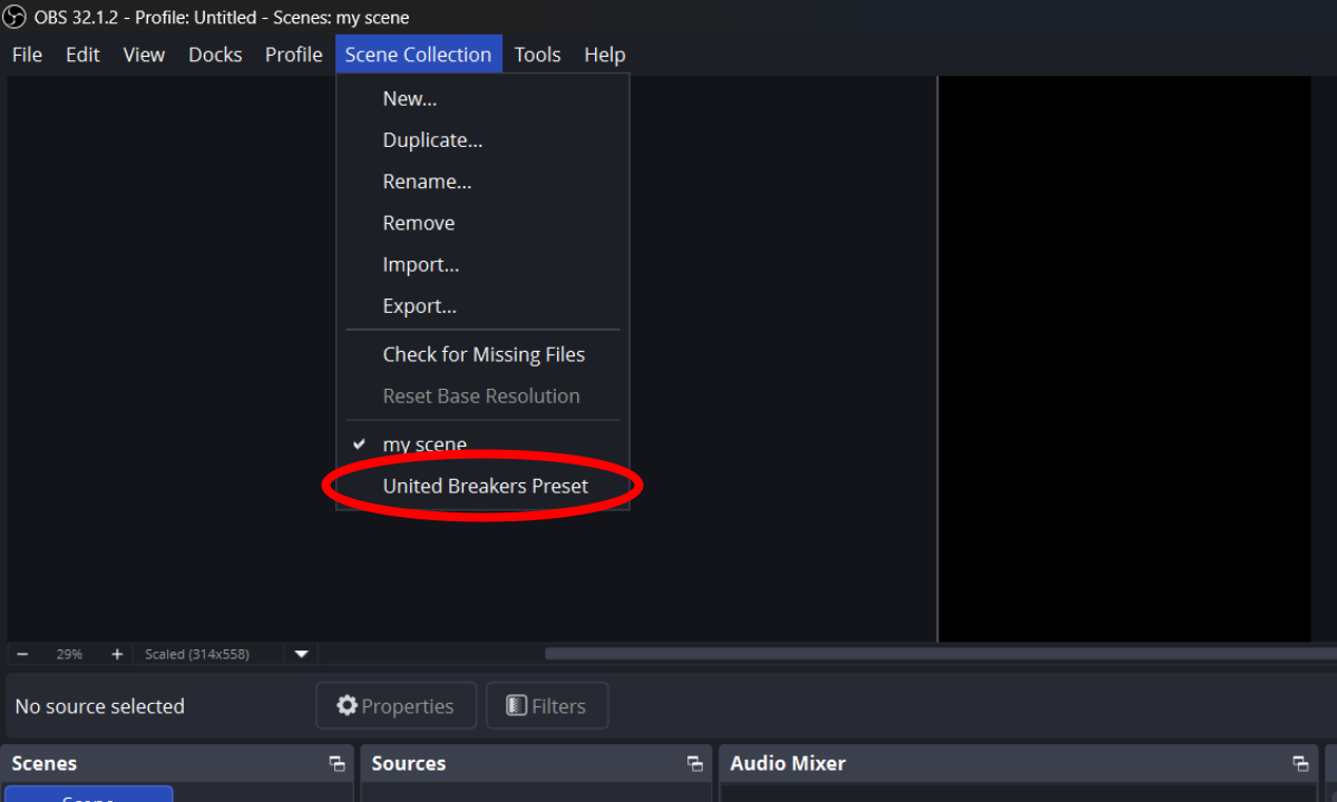 The Scene Collection menu with United Breakers listed and selected